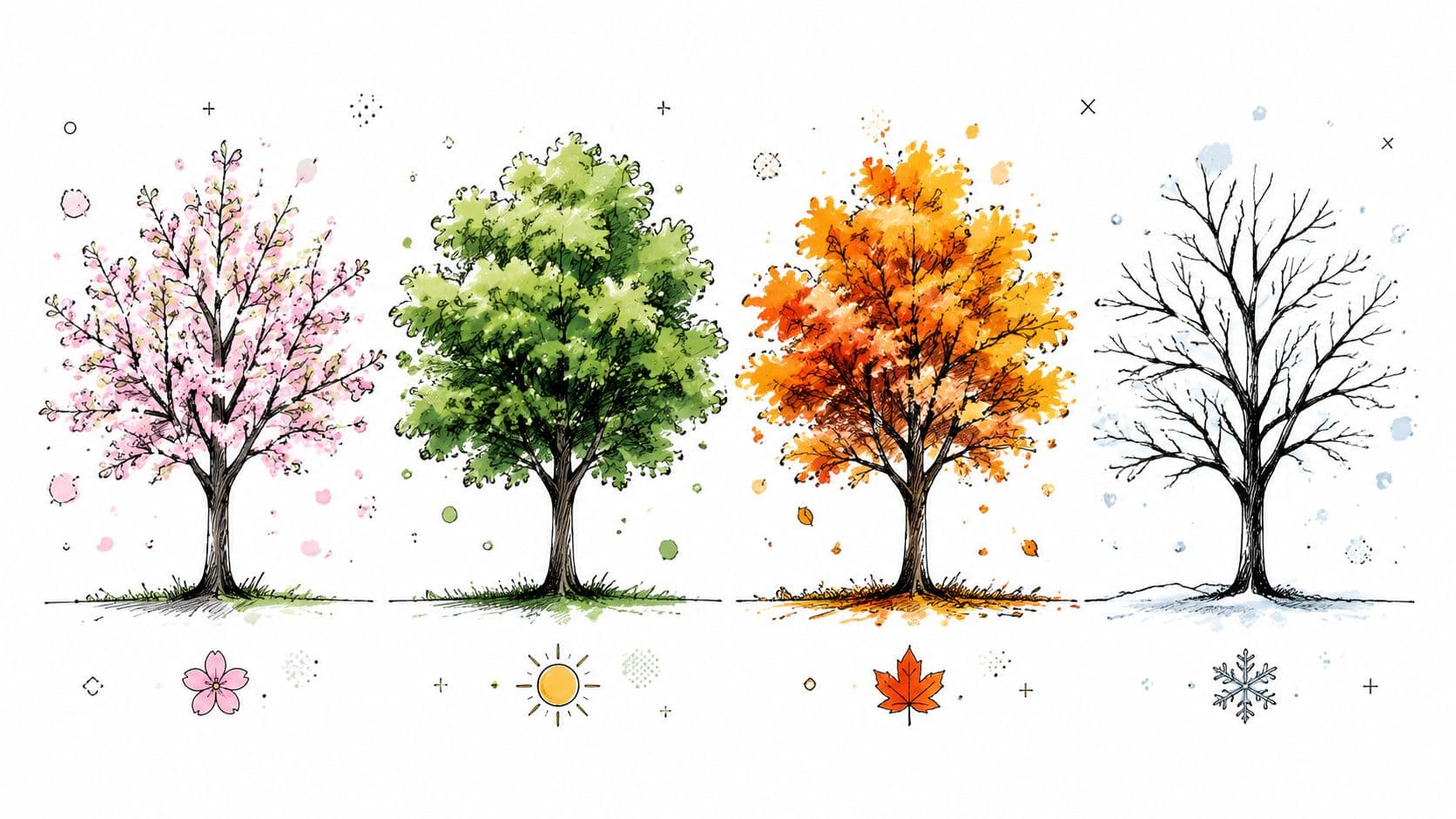 A artistic illustration displaying a single tree undergoing the four distinct seasons from spring to winter.