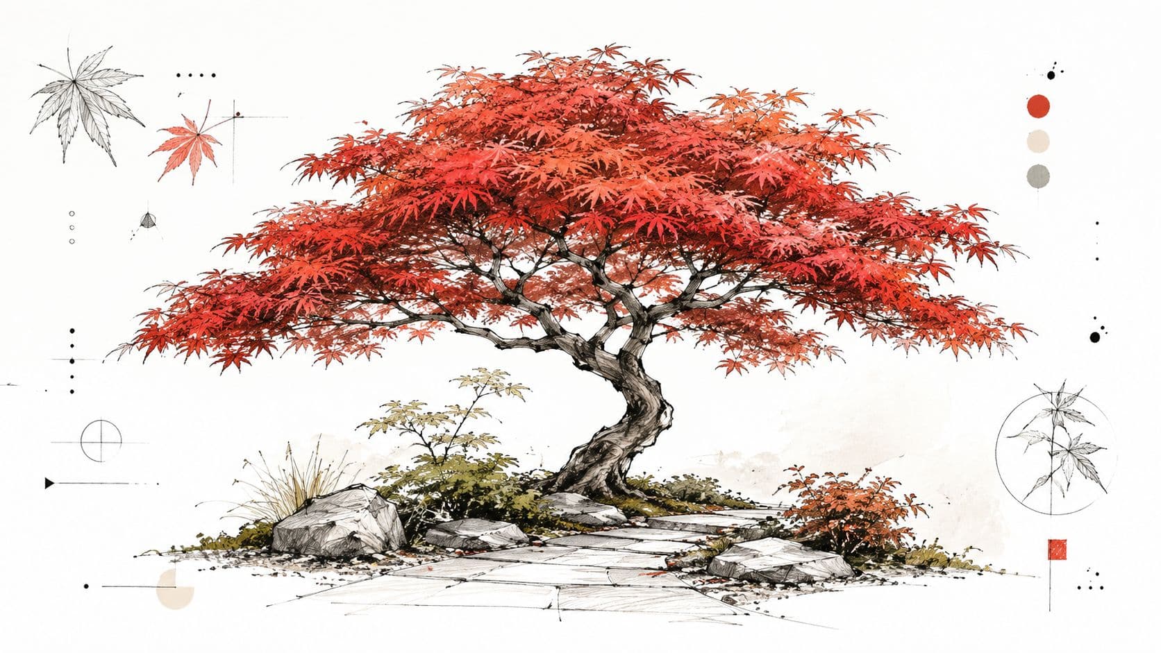 A detailed illustration of a vibrant red Japanese maple tree overlooking a stone pathway and garden.