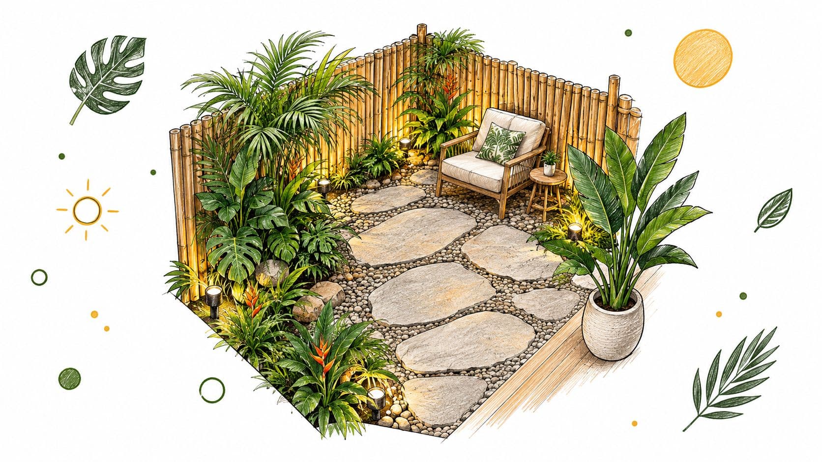 A cozy, sunlit tropical garden nook with a comfortable chair, stone path, lush plants, and bamboo fencing.