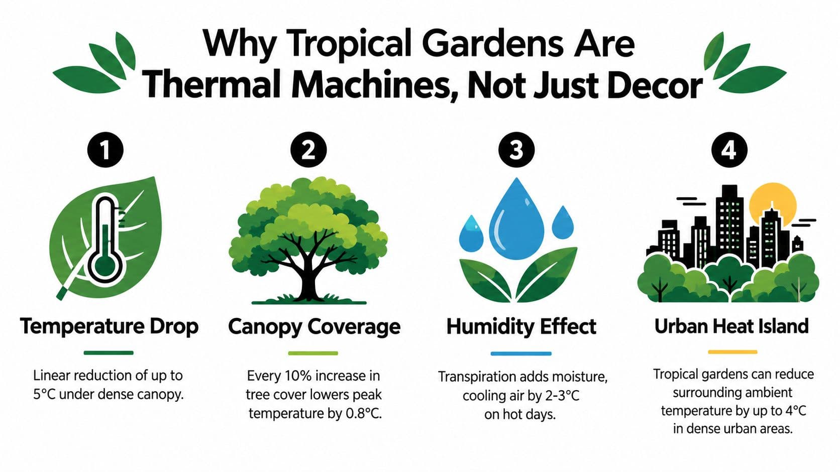 An infographic showing four key benefits of tropical gardens in reducing ambient heat and cooling urban areas.