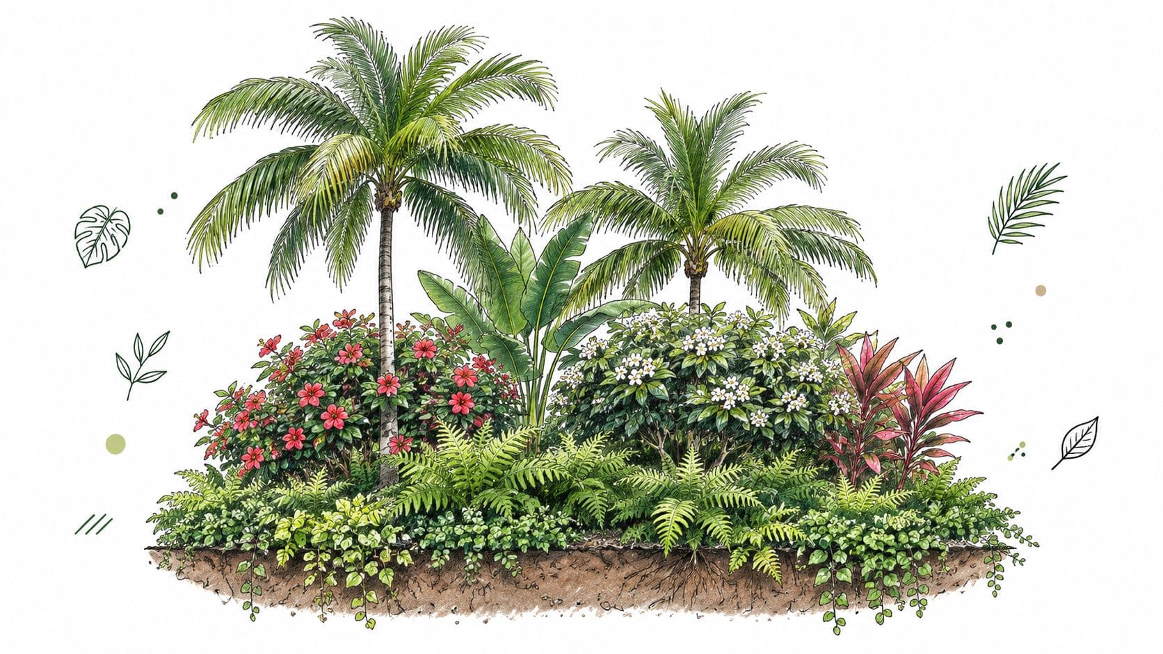 A detailed botanical illustration of a tropical landscape with palm trees, exotic flowers, and lush green ferns.