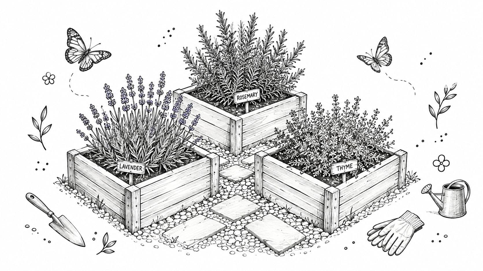A black and white line drawing of a herb garden featuring lavender, rosemary, and thyme in wooden planters.