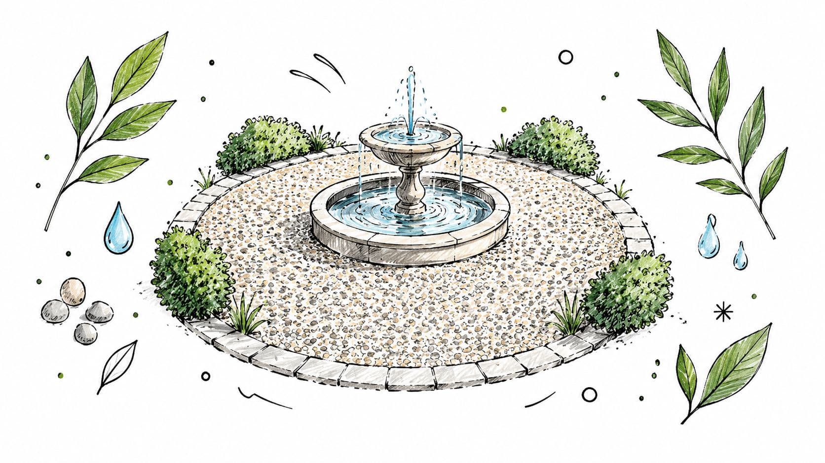 A hand-drawn illustration of a classic stone fountain set in a circular gravel garden landscape.