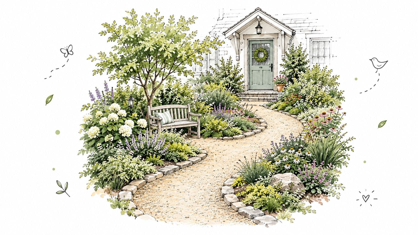 A charming garden pathway leading to a cottage front door with colorful flowers and a wooden bench.