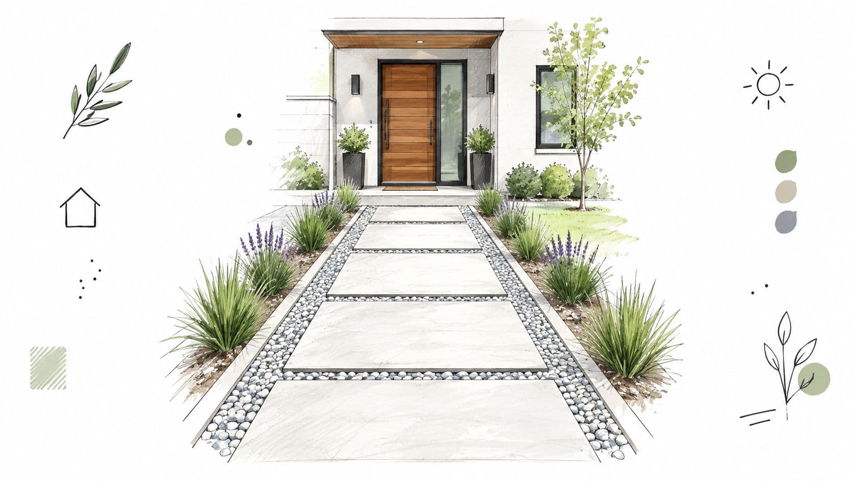 A modern architectural sketch of a clean concrete walkway leading to a wooden front door with plants.