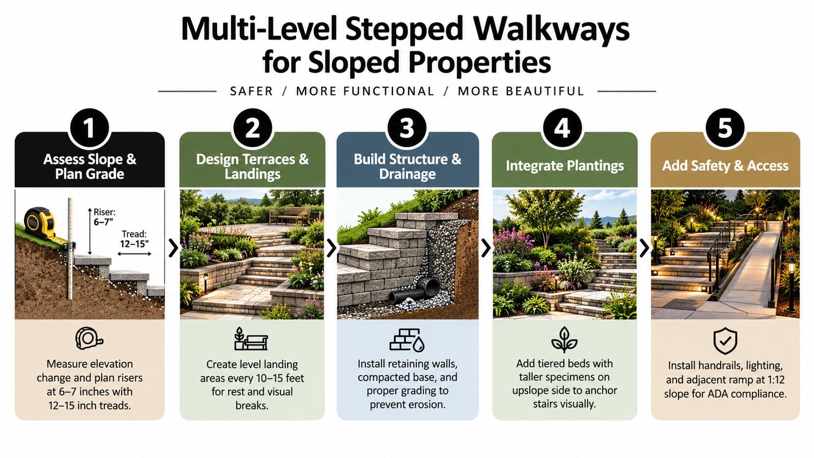 A five-step infographic showing the process of building multi-level stepped walkways for sloped residential properties.