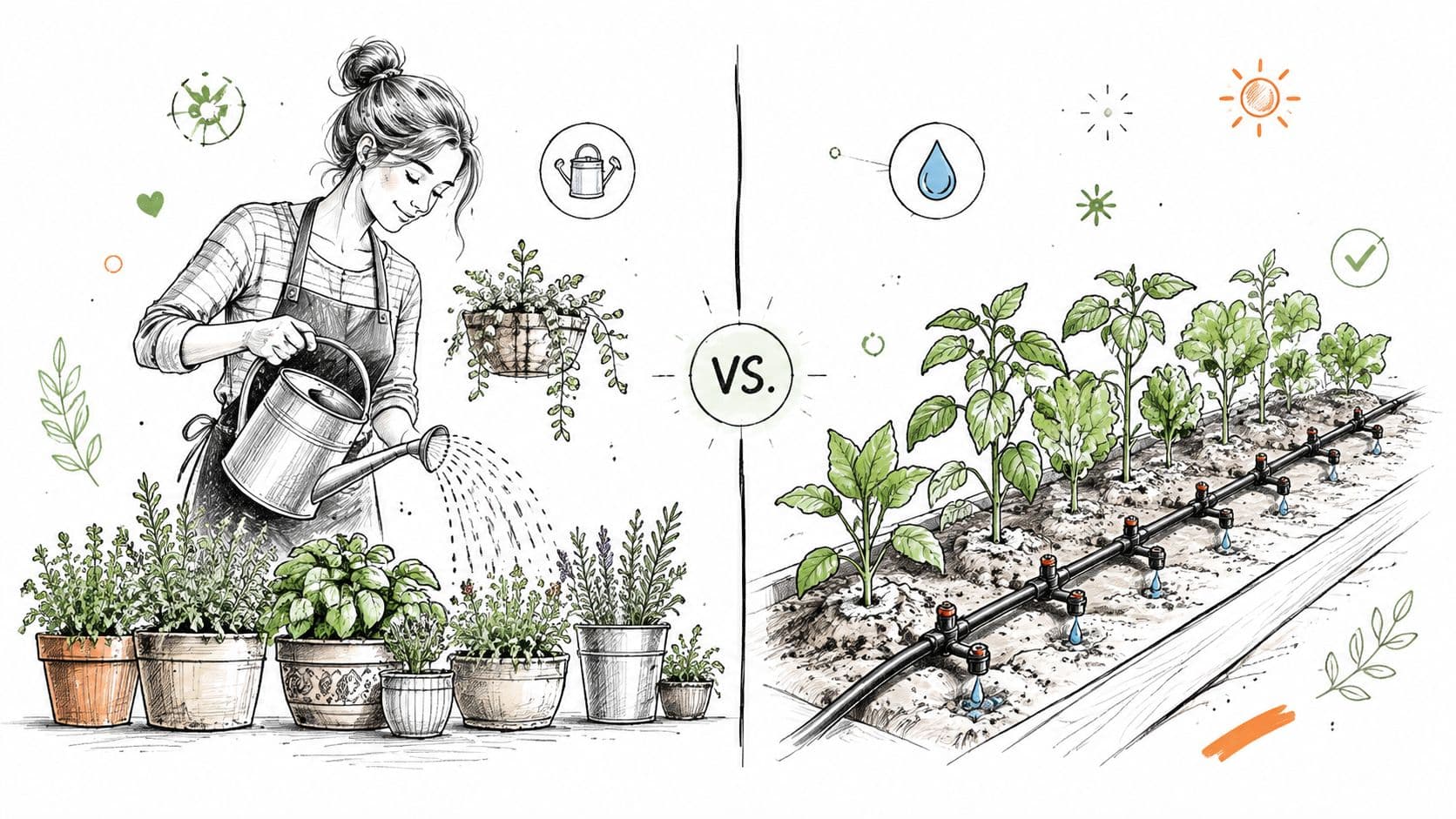 A hand-drawn illustration contrasting manual plant watering with a modern automated drip irrigation system in a garden.
