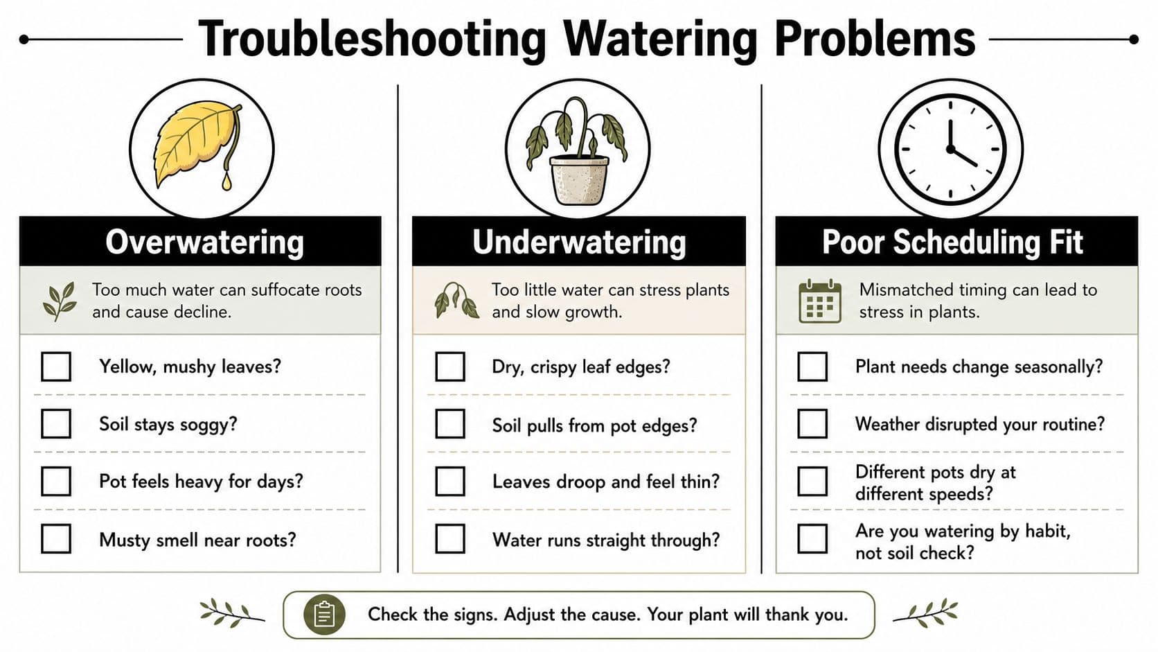 A guide for troubleshooting plant watering problems including symptoms of overwatering, underwatering, and poor watering schedules.