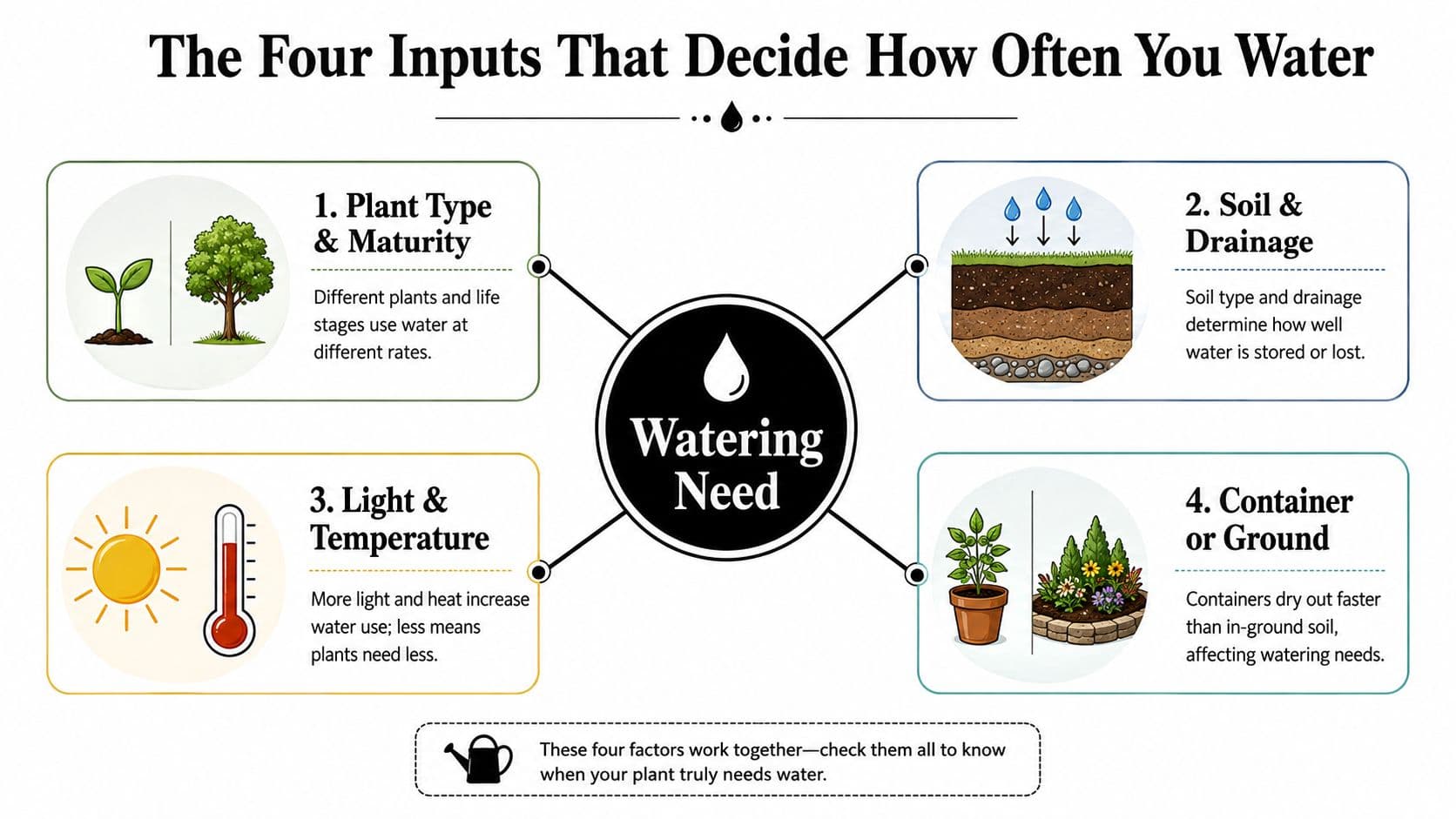 An infographic showing four key factors that determine watering schedules for various types of plants.