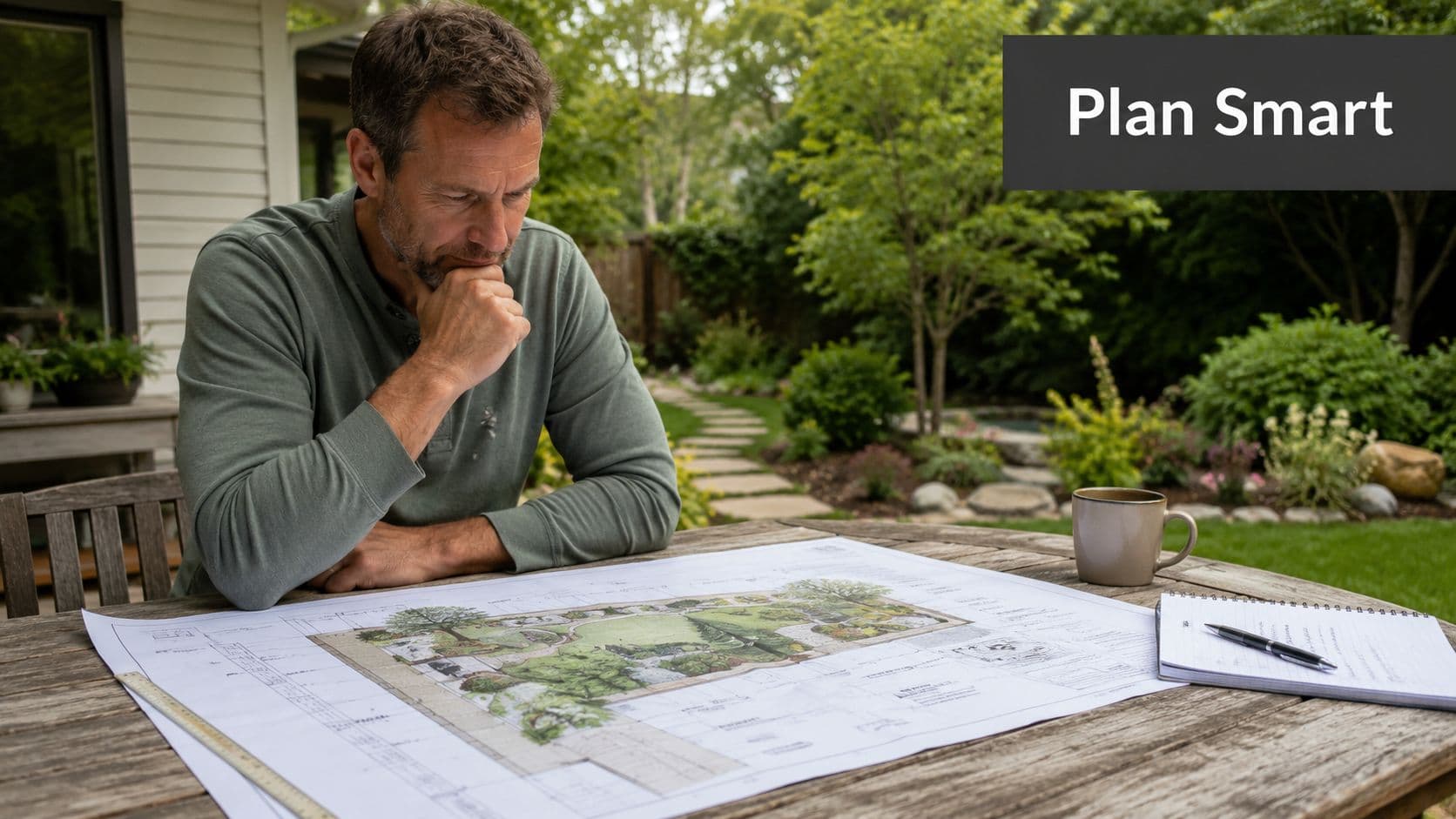 A professional landscaper sitting at an outdoor table, carefully reviewing a detailed garden design blueprint.