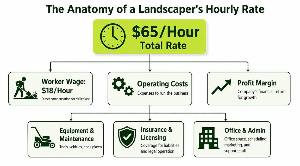 An infographic showing the components of a landscaper's sixty-five dollar per hour total rate.