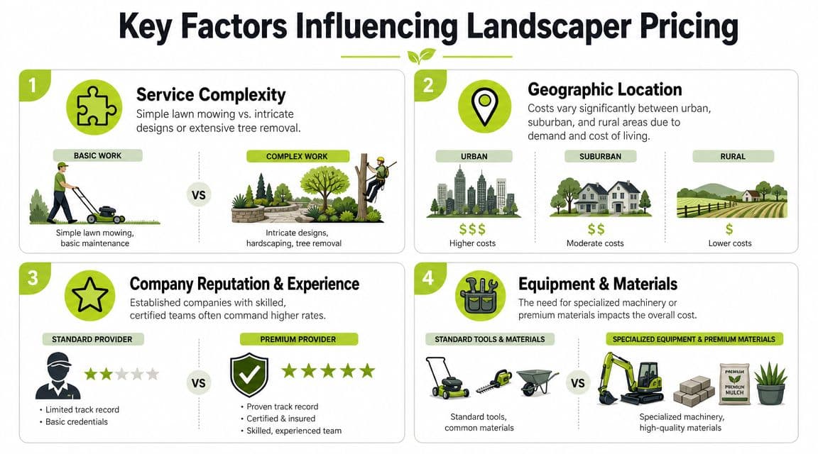 An infographic detailing the key factors influencing landscaper pricing, including complexity, location, reputation, and materials.