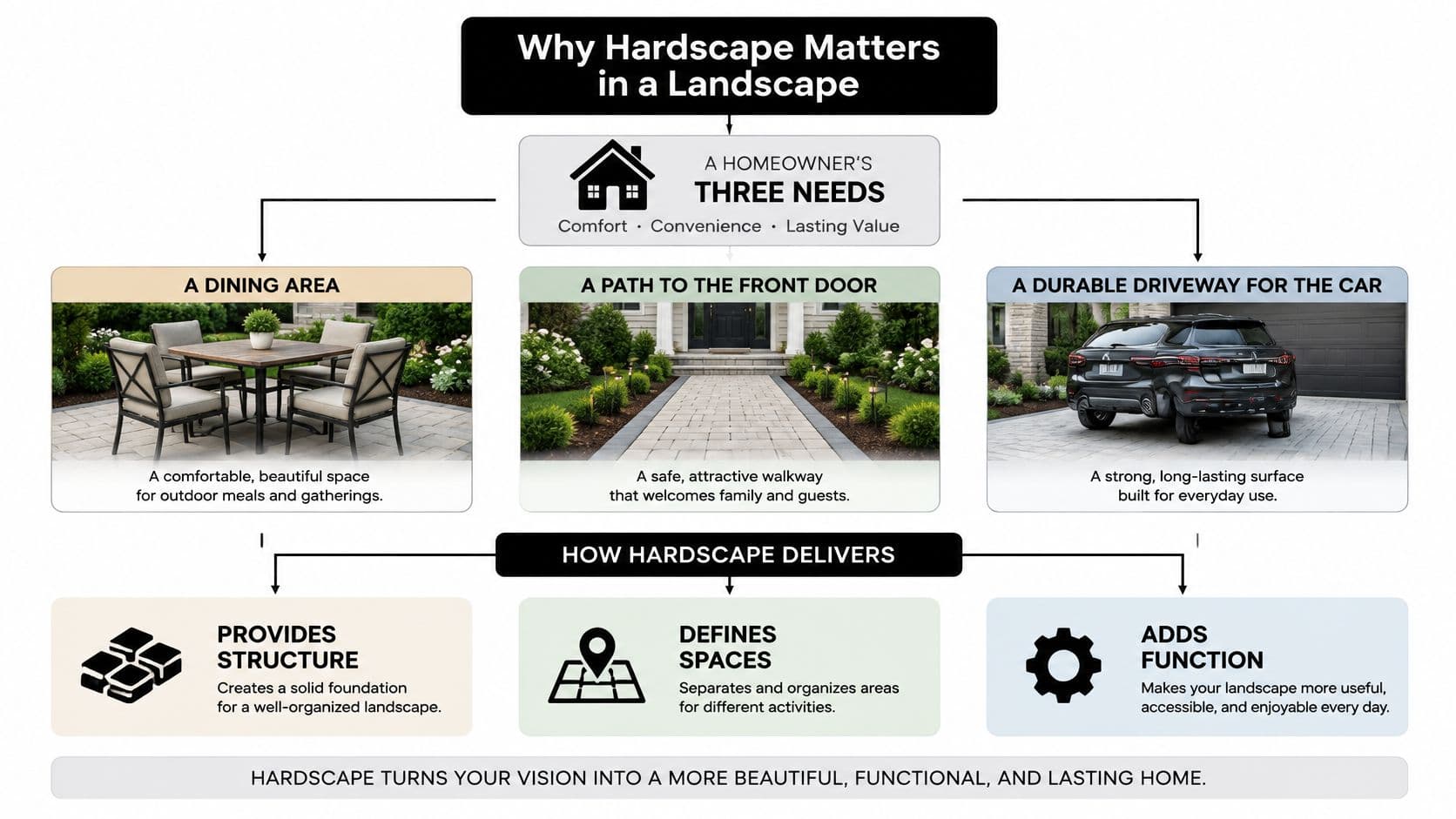 A diagram illustrating how hardscape provides structure, defines outdoor spaces, and adds functional value to residential landscapes.
