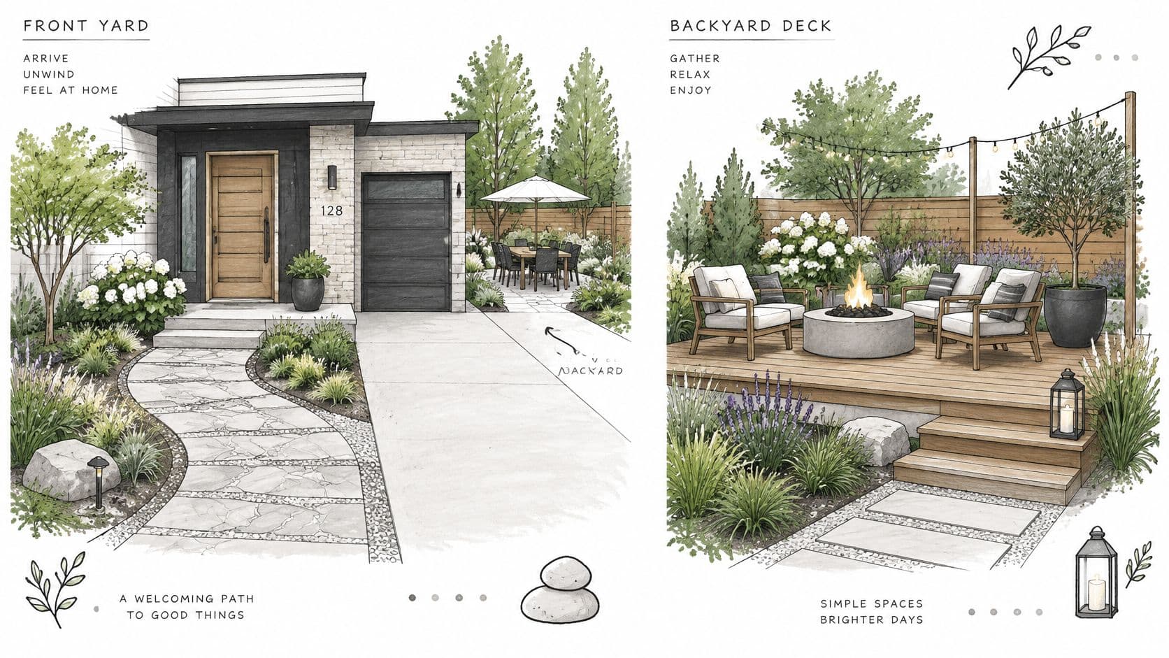 An architectural illustration showing a modern residential home front yard and a cozy backyard deck design.