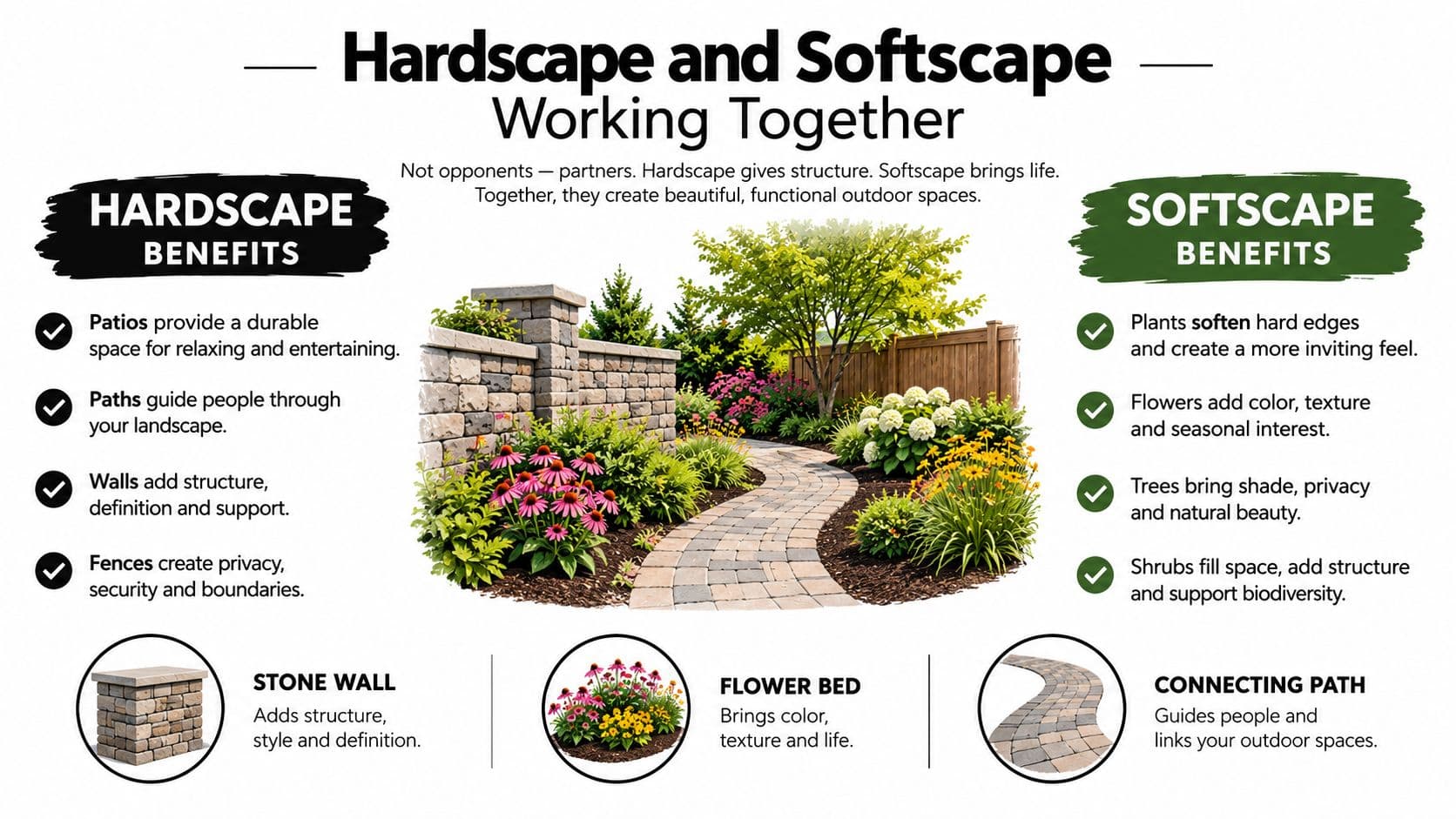 A landscape design infographic showing the balance between hardscape stone structures and softscape floral garden elements.