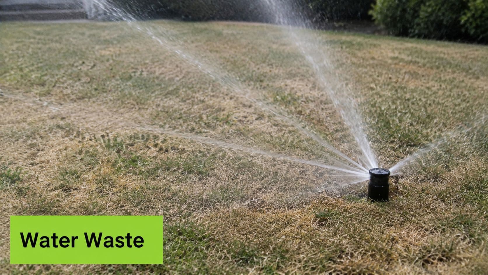 A garden sprinkler watering a dry, brown lawn, highlighting an example of water waste in landscaping.