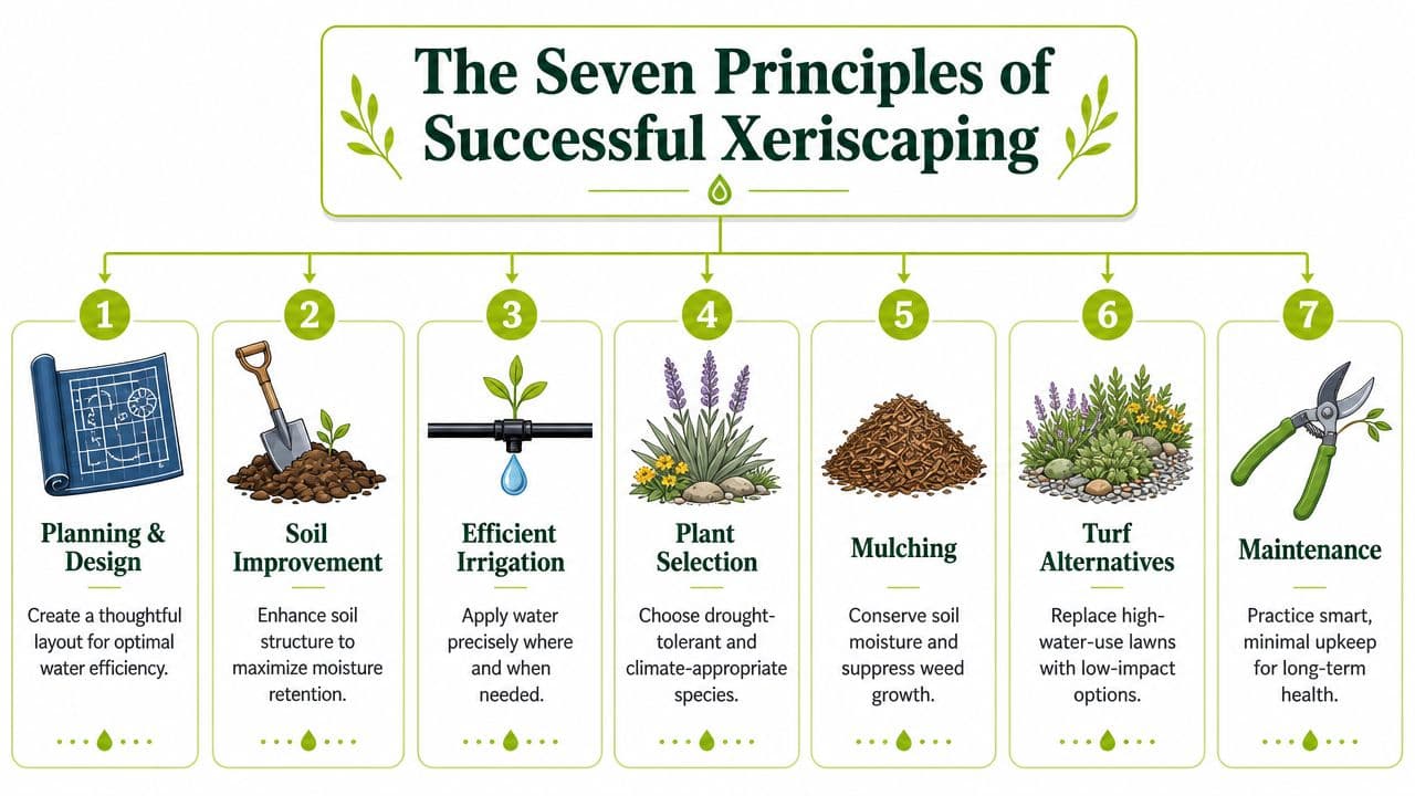 A visual guide illustrating the seven fundamental principles for successful xeriscaping landscaping and water-efficient garden design.