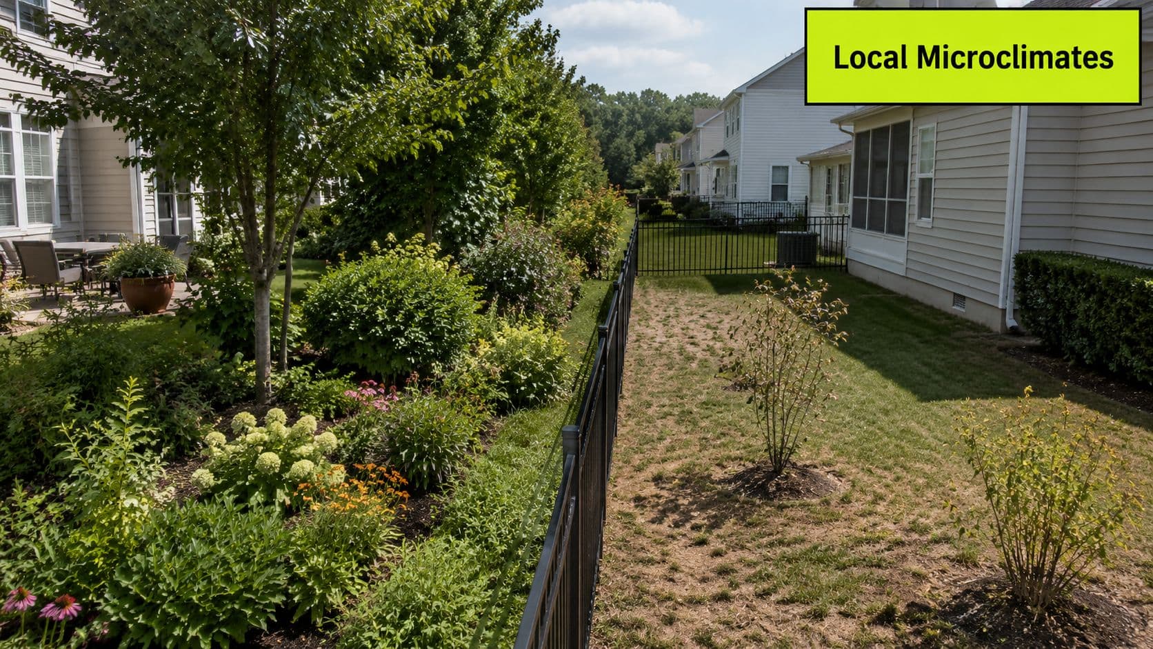 A lush backyard garden bed divided by a black fence from a patch of dry grass.