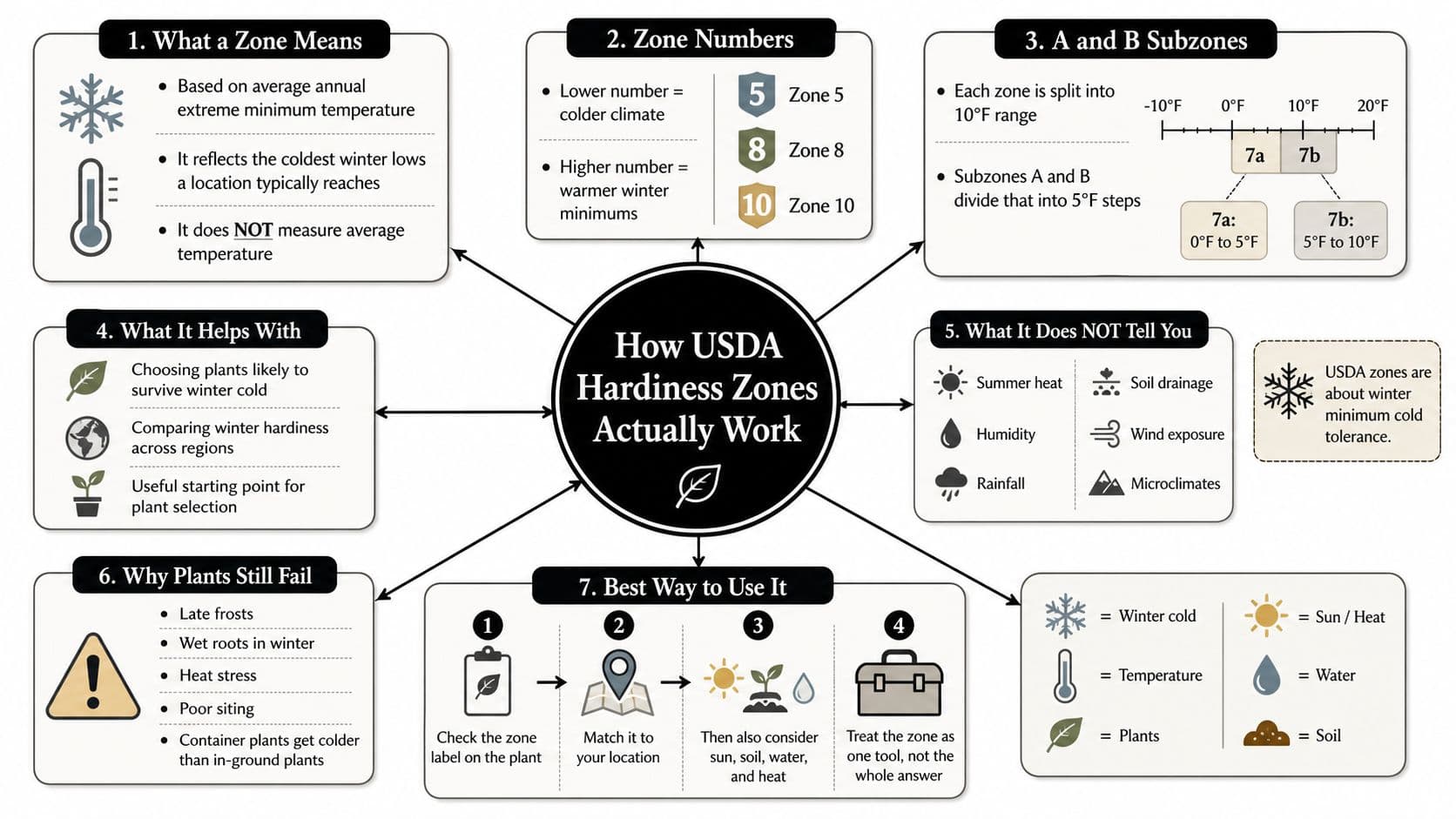 An infographic explaining how USDA hardiness zones work for plant selection based on minimum winter temperatures.