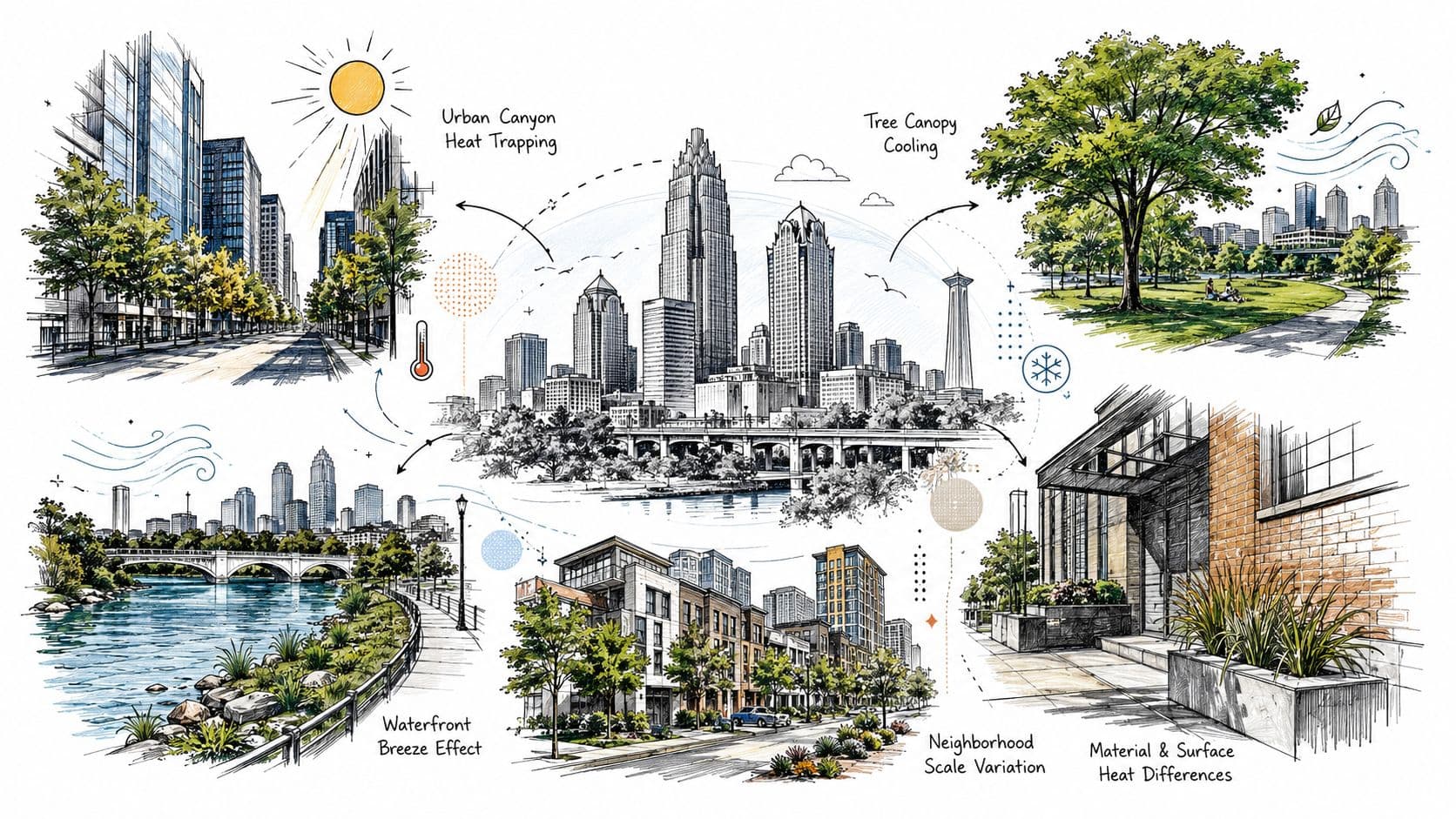 A detailed architectural illustration depicting urban climate factors in Charlotte, North Carolina, including heat and cooling effects.