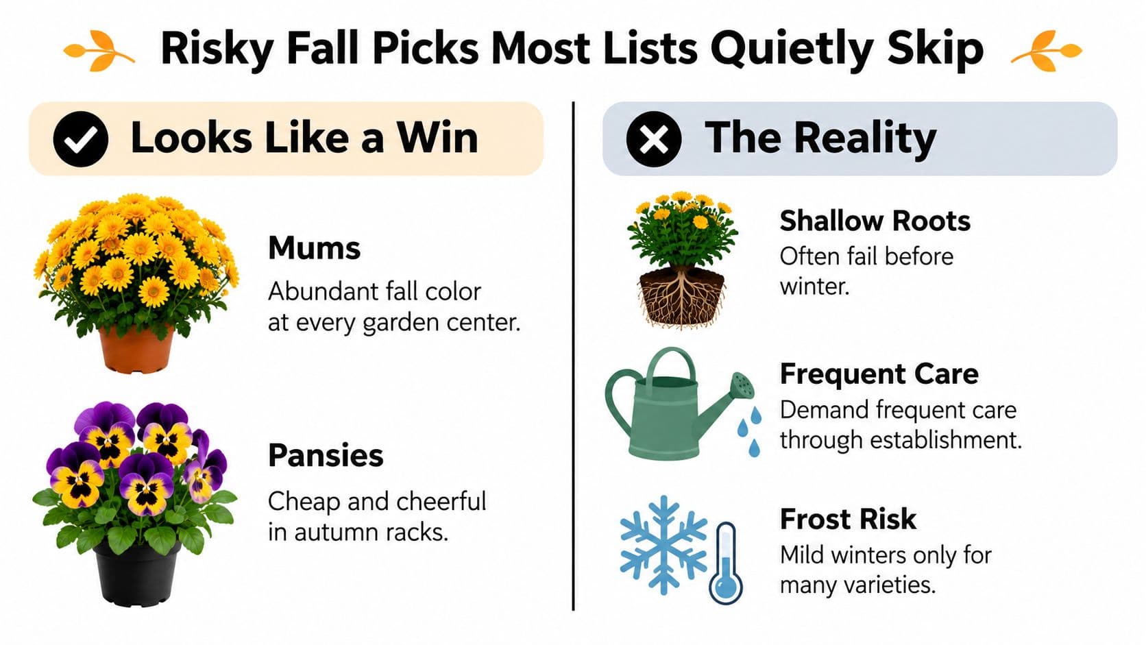 An infographic titled Risky Fall Picks showing Mums and Pansies as popular but challenging autumn plant choices.