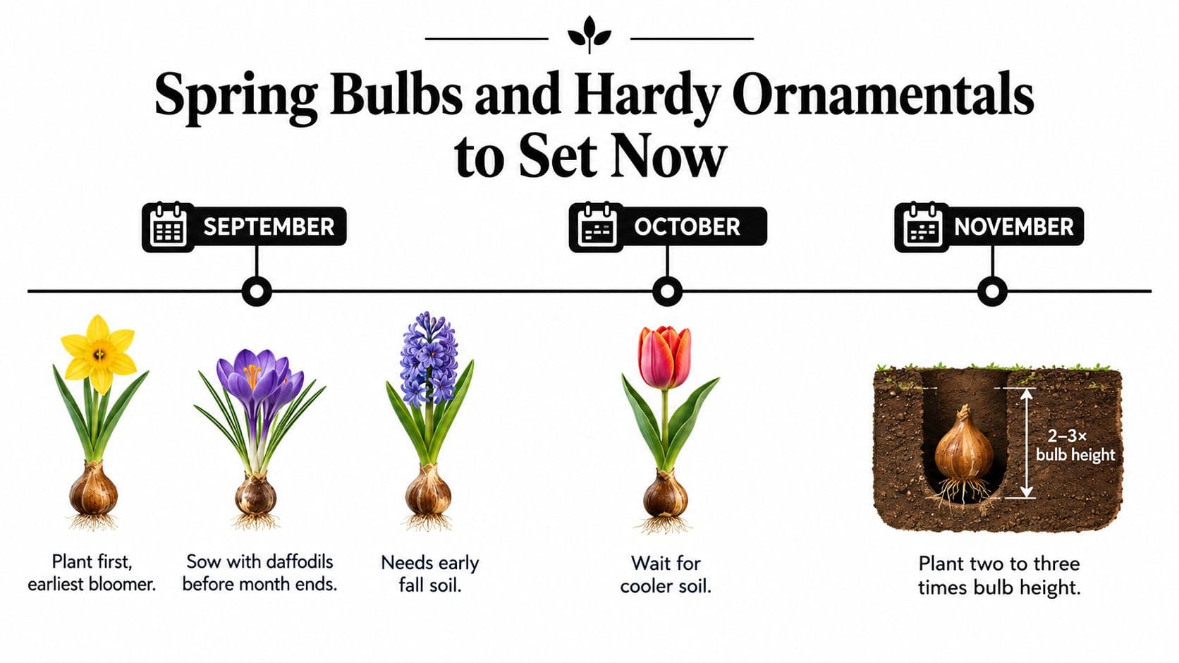 An infographic showing the ideal months of September, October, and November to plant spring flowering bulbs.