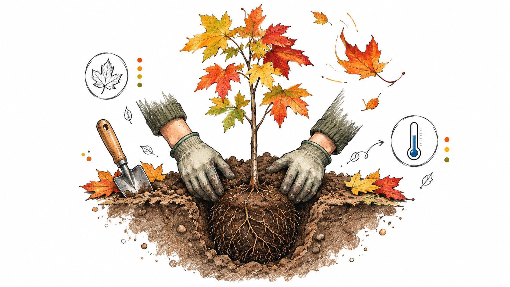 A pair of gloved hands planting a young autumn maple tree into the soil with a trowel.