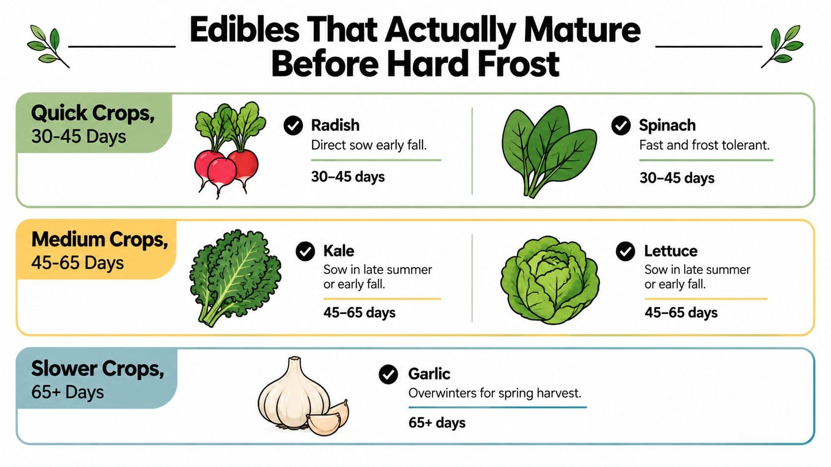 A chart showing edible vegetables categorized by growth duration for planting before the first fall frost.