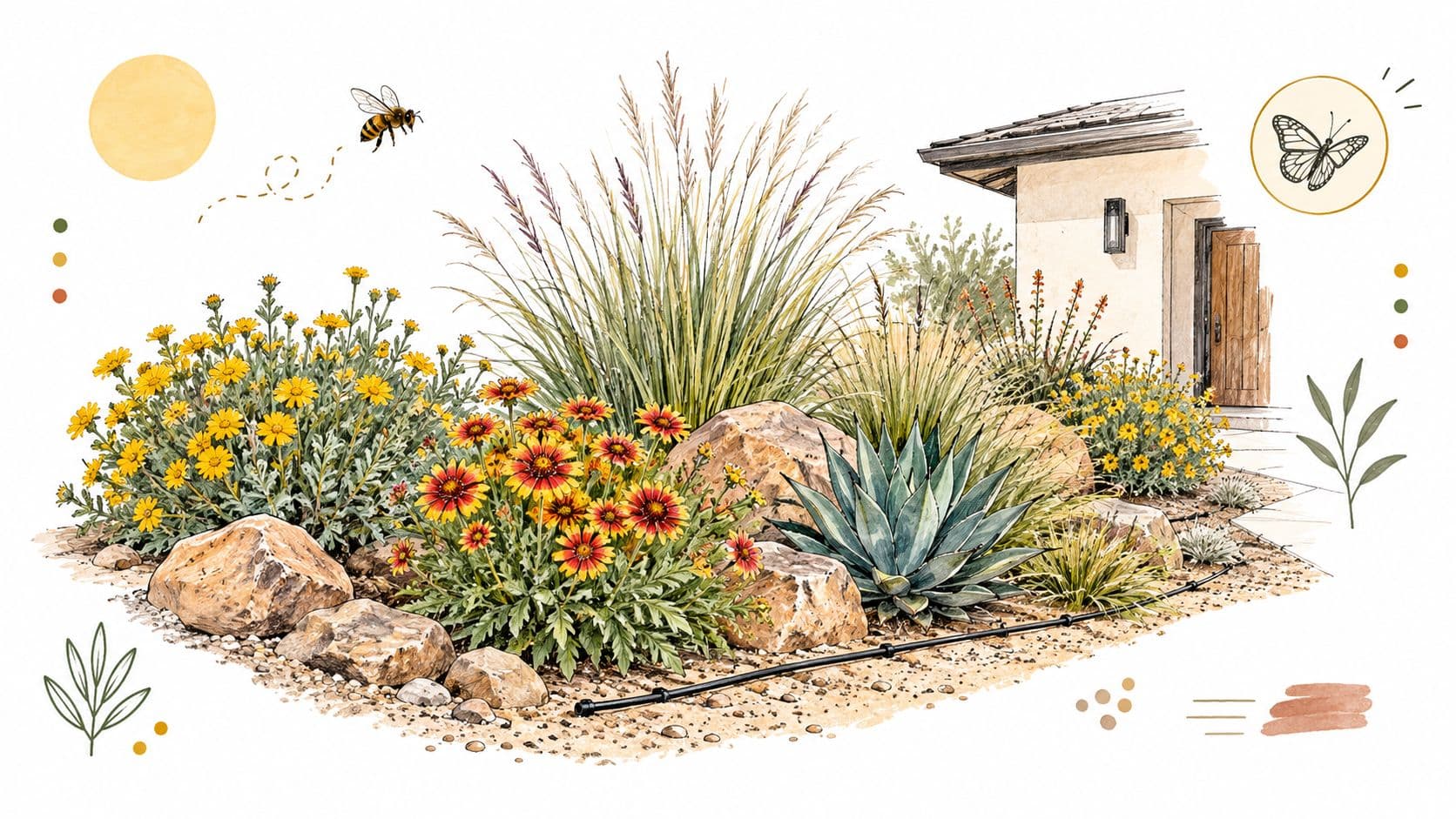 A beautiful watercolor illustration of a xeriscape front yard garden with drought-tolerant plants and rocks.