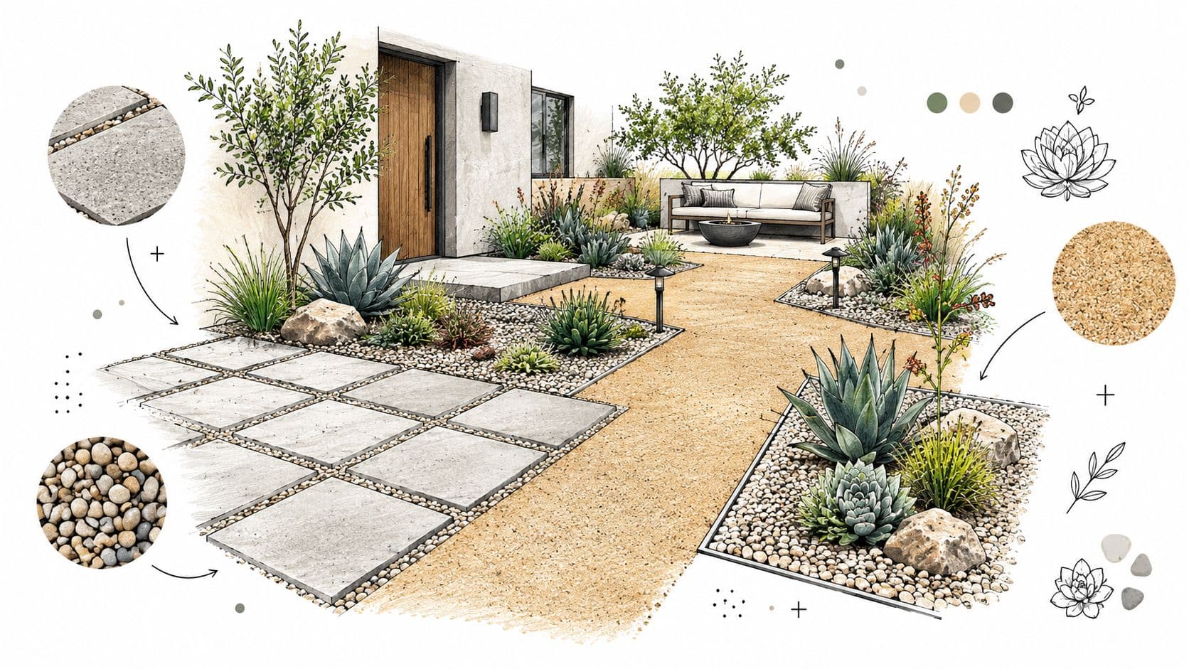 A modern landscaped xeriscape yard featuring stone pavers, a gravel pathway, succulents, and outdoor seating area.