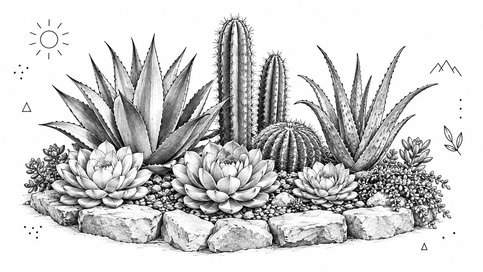 A detailed black and white sketch of a desert garden filled with various cacti and succulent plants.