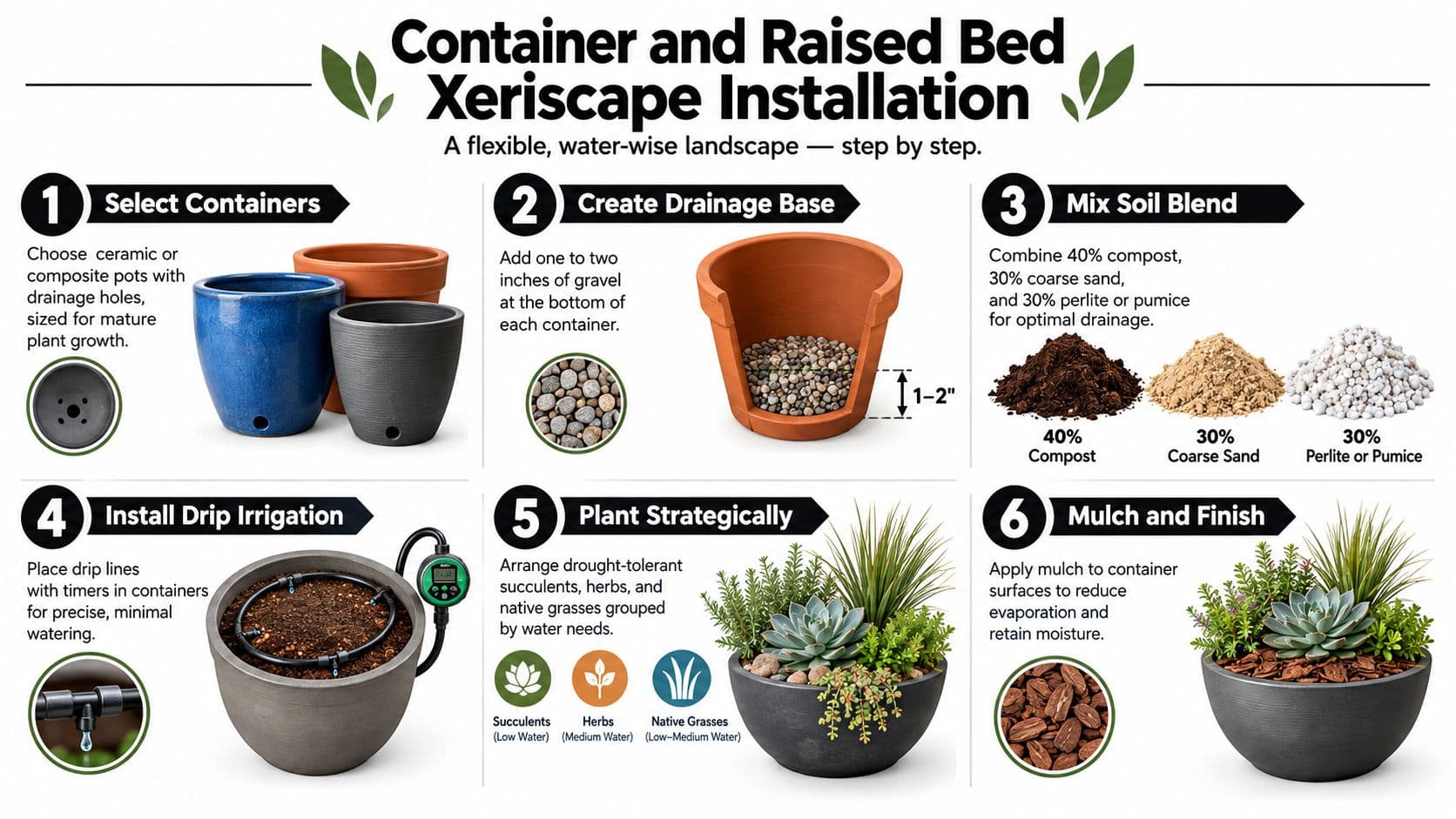 A six-step infographic illustrating how to create a container and raised bed xeriscape landscape installation.